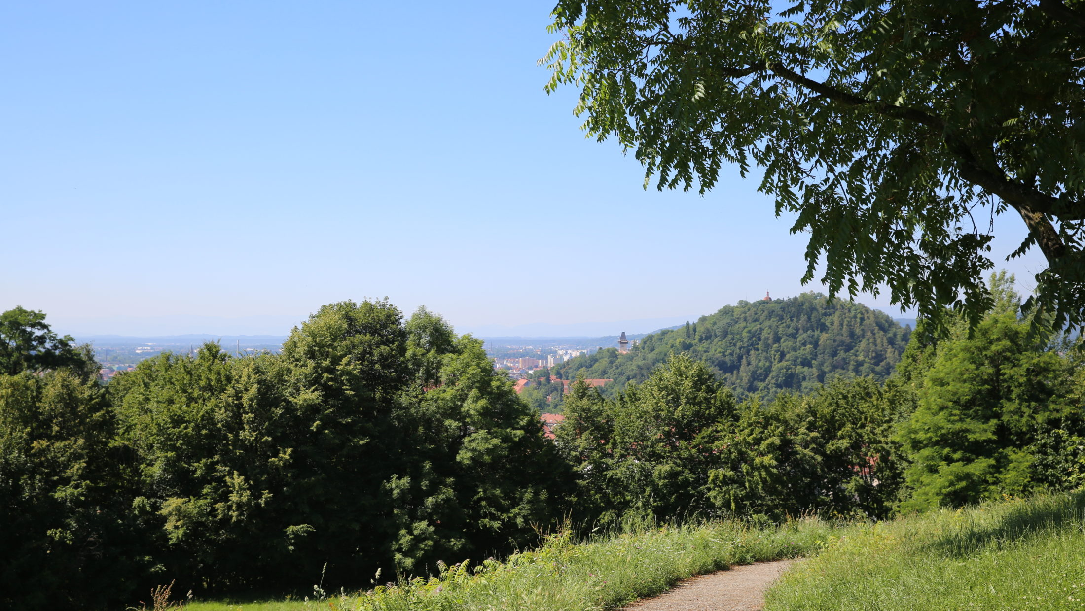 A winding path leads through a grassy area with trees and a view of Graz and the Schloßberg.