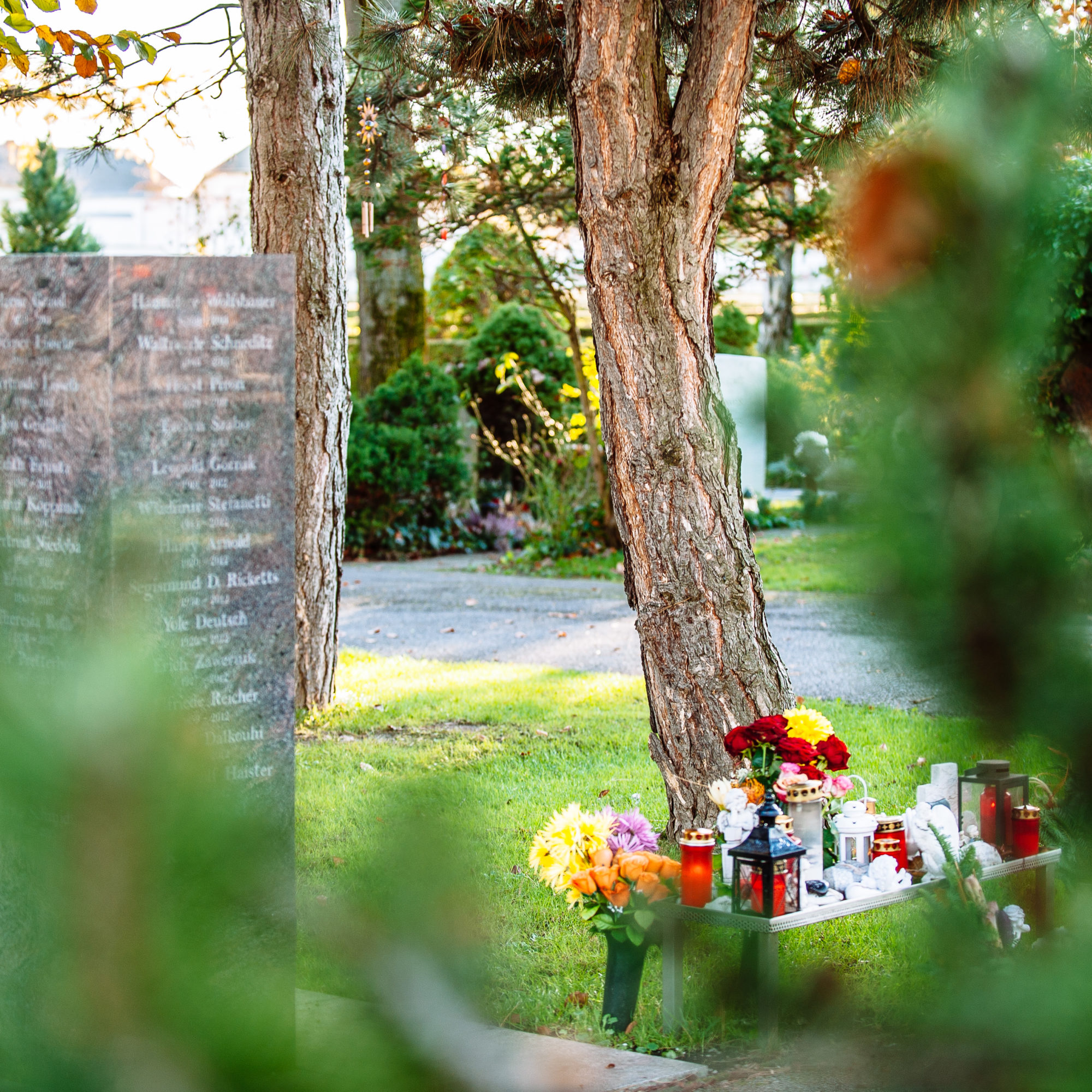 Graves with floral decorations at the urn cemetery of the Graz burial ground