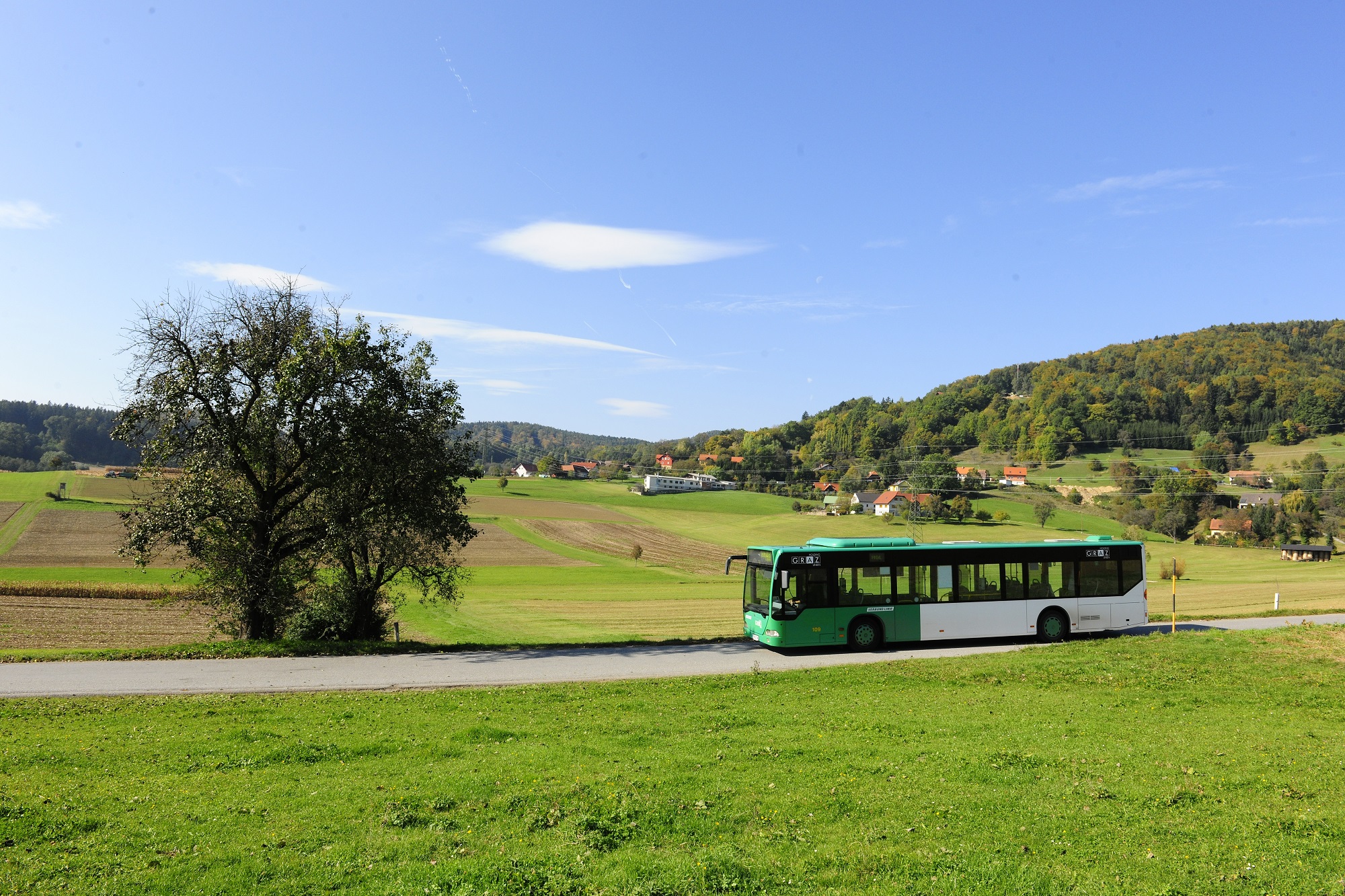 Bus der Graz Linien fährt durch Landschaft in Thal bei Graz, rundherum Wiesen, Äcker und Gebäude.