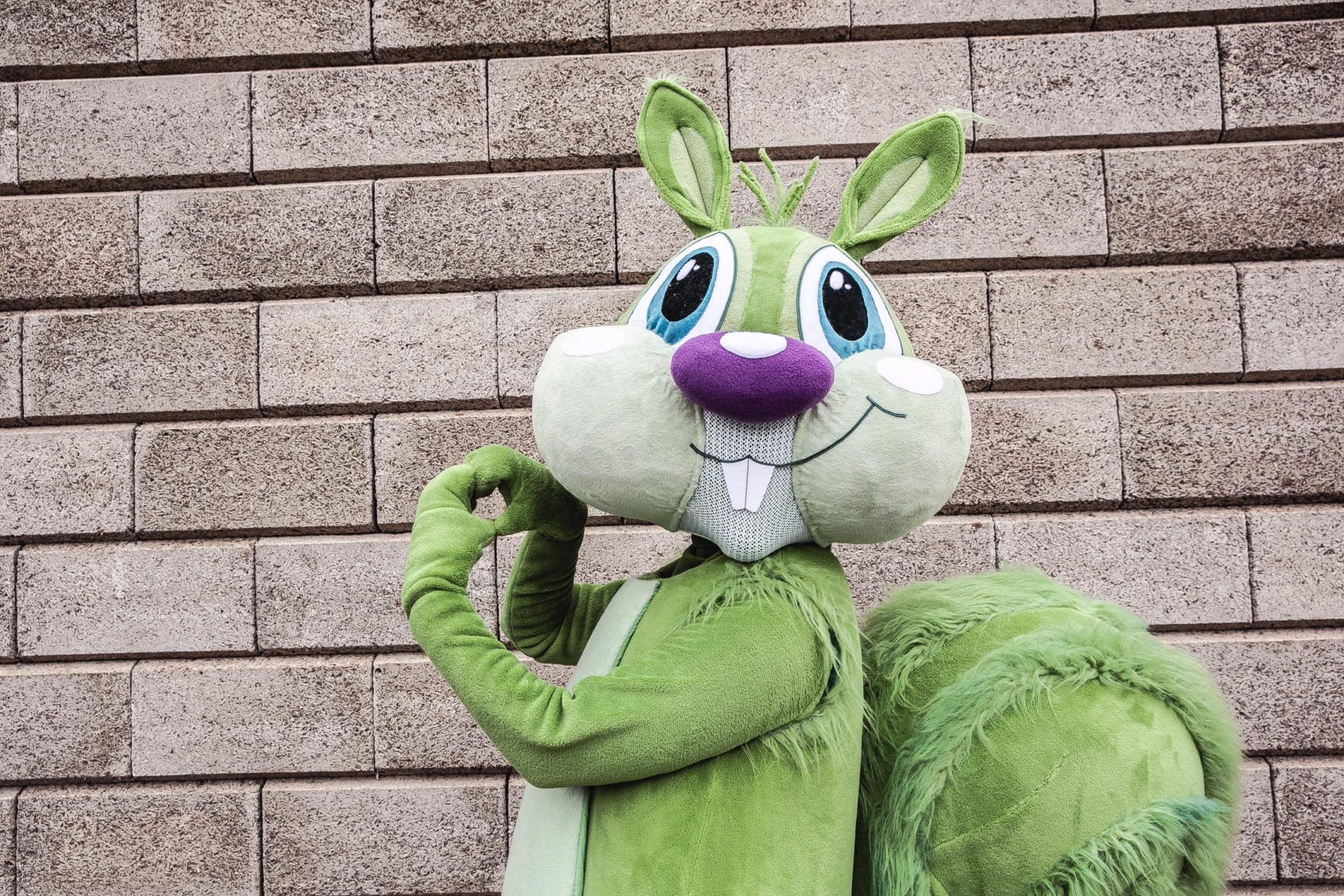 Portrait des Holding Graz-Maskottchens "Hansi" in Form eines grünen Eichhörnchens.