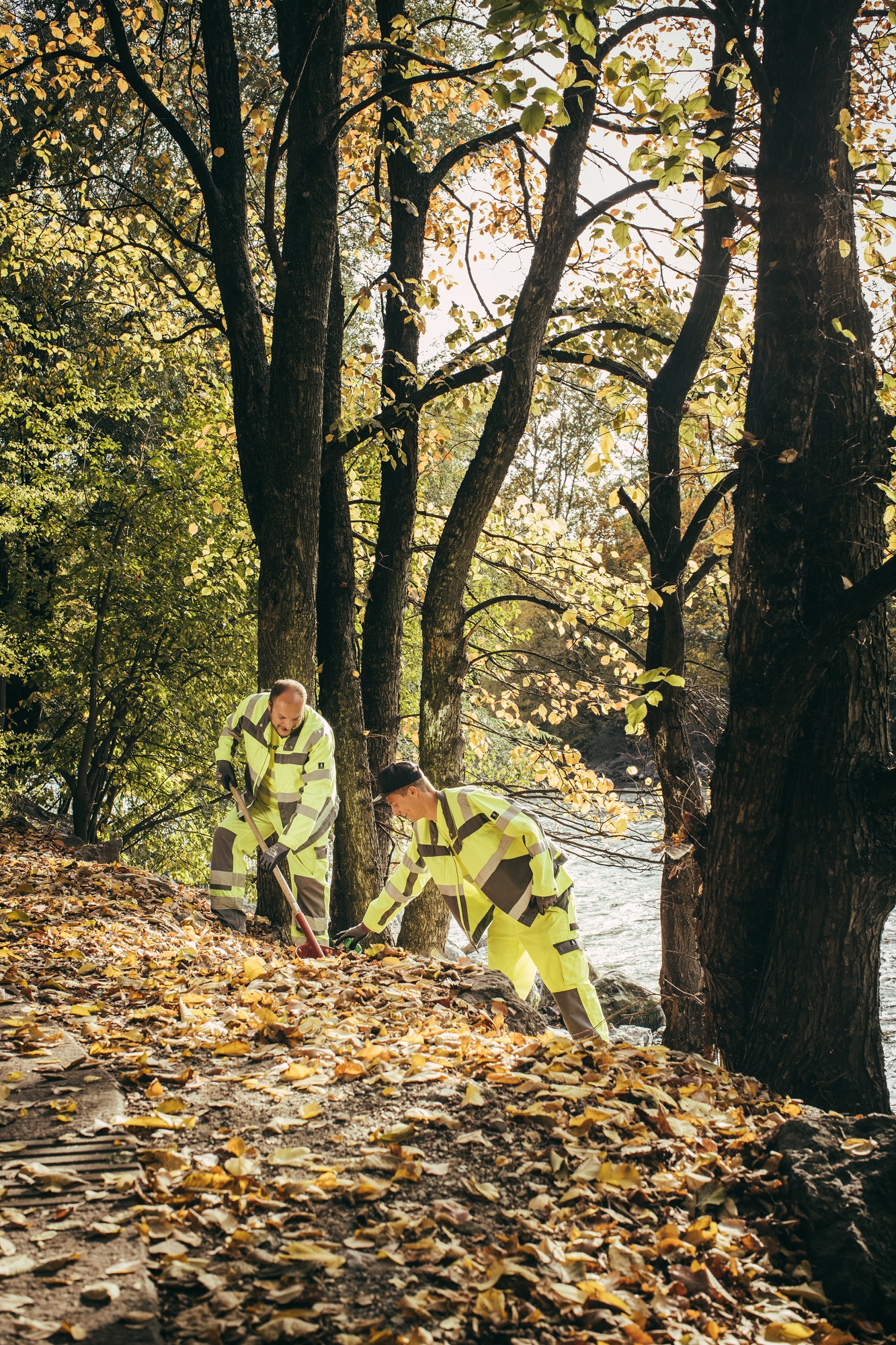 Mitarbeiter des Stadtraumes in gelb-schwarzer Arbeitsuniform sammeln Laub am Murufer ein
