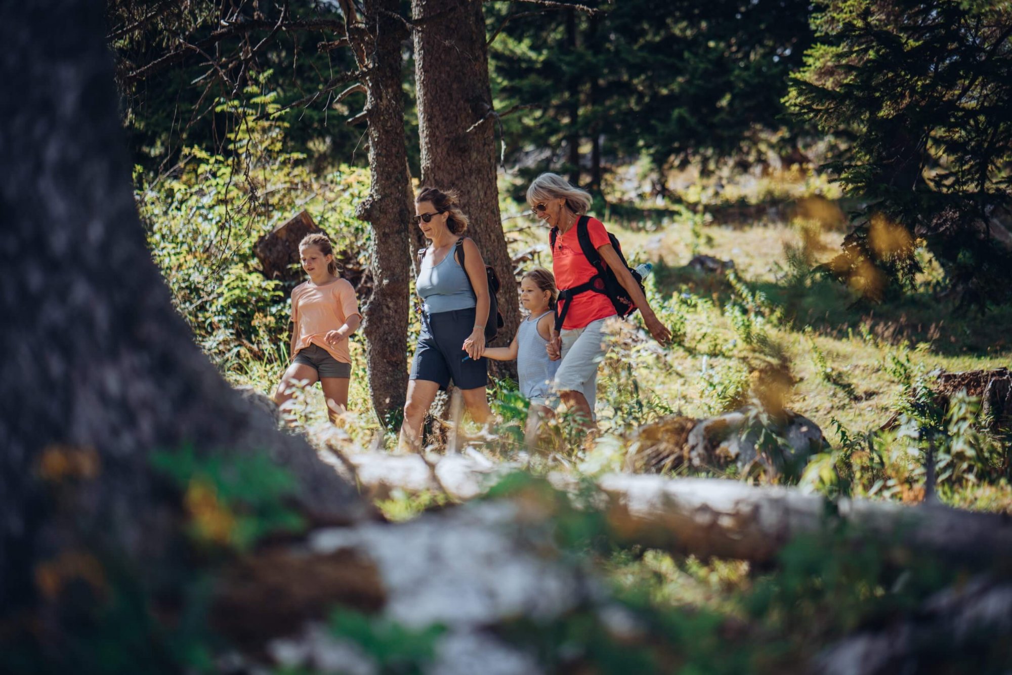 Zwei erwachsene Frauen und zwei Mädchen wandern durch einen Wald am Schöckl