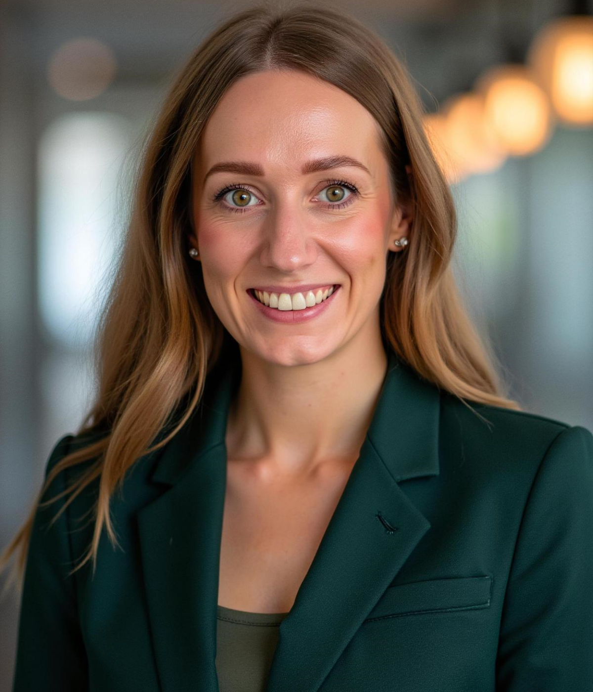 Porträt einer lächelnden Frau in einem grünen Blazer.