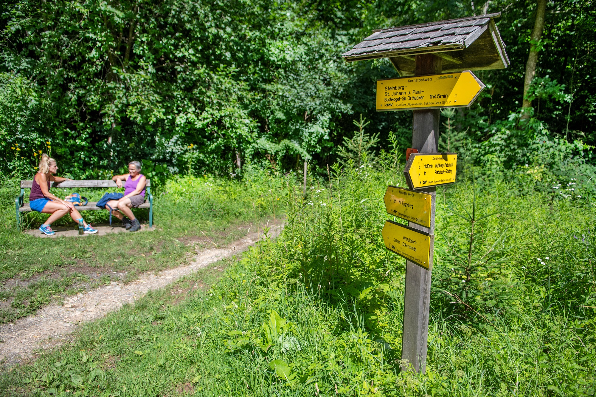 Signpost for hikers on Plabutsch, in the background two women resting on a bench