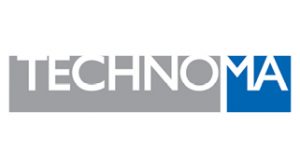 Graues Rechteck mit dem weißen Text „TECHNOMA“ und einem blauen Quadrat mit dem weißen Text „MA“.
