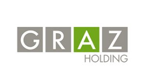 Graz Holding Logo mit den Buchstaben „GRAZ“ in grauen und grünem Quadraten.