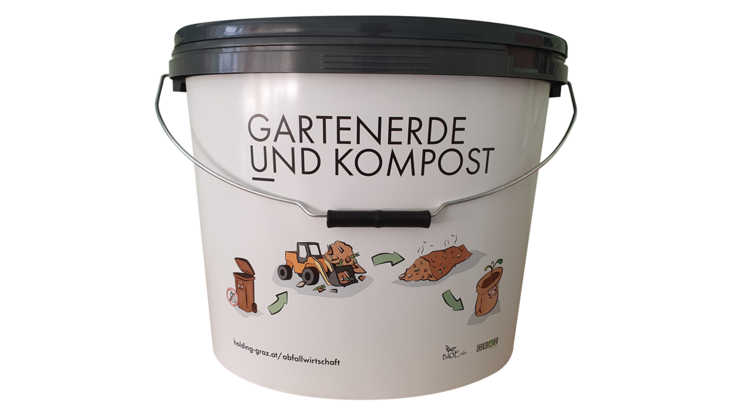 Weißer Kübel mit der Aufschrift "Gartenerde und Kompost" und einer Grafik zum Biokreislauf