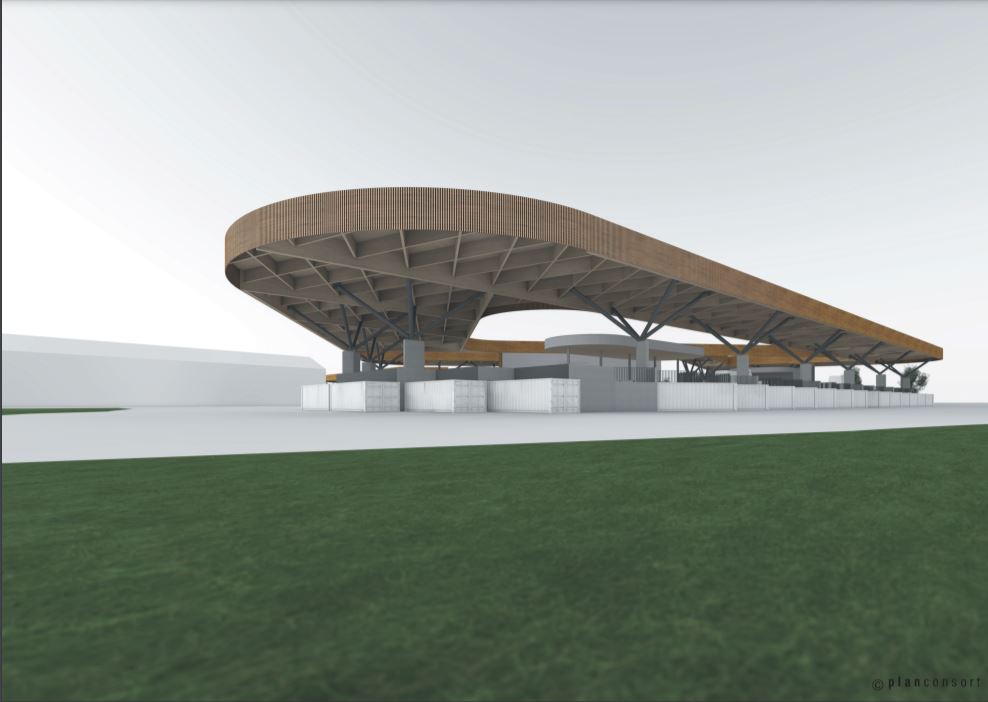 3D rendering of a modern building with a curved wooden roof. ©planconsort