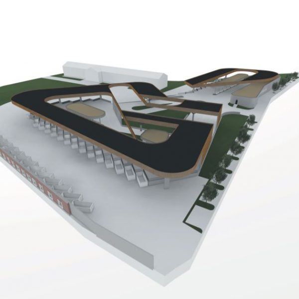 A 3D rendering of a new resource park, featuring a curved roof structure and a parking lot.