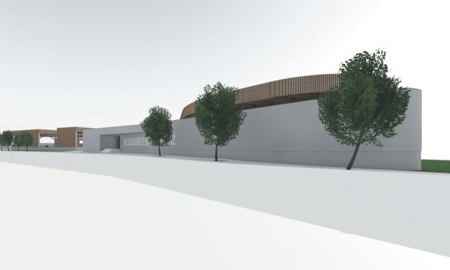 A 3D rendering of the "Ressourcenzentrale" building, featuring a curved roof and trees in front.