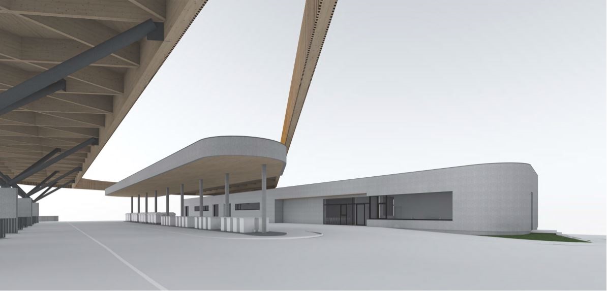 3D rendering of the new Resource Park building. The building is modern and features a curved roof with large windows.