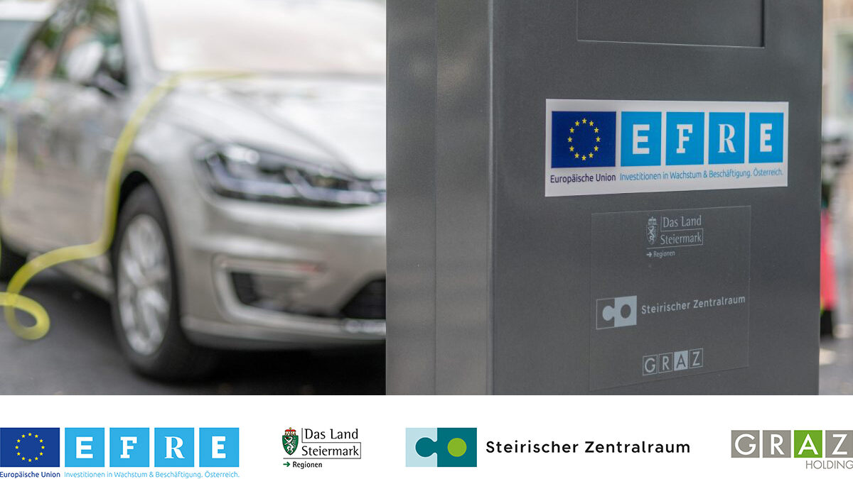 Ladestation mit EFRE-Logo und Elektroauto dahinter, gefördert von EU und Steiermark.