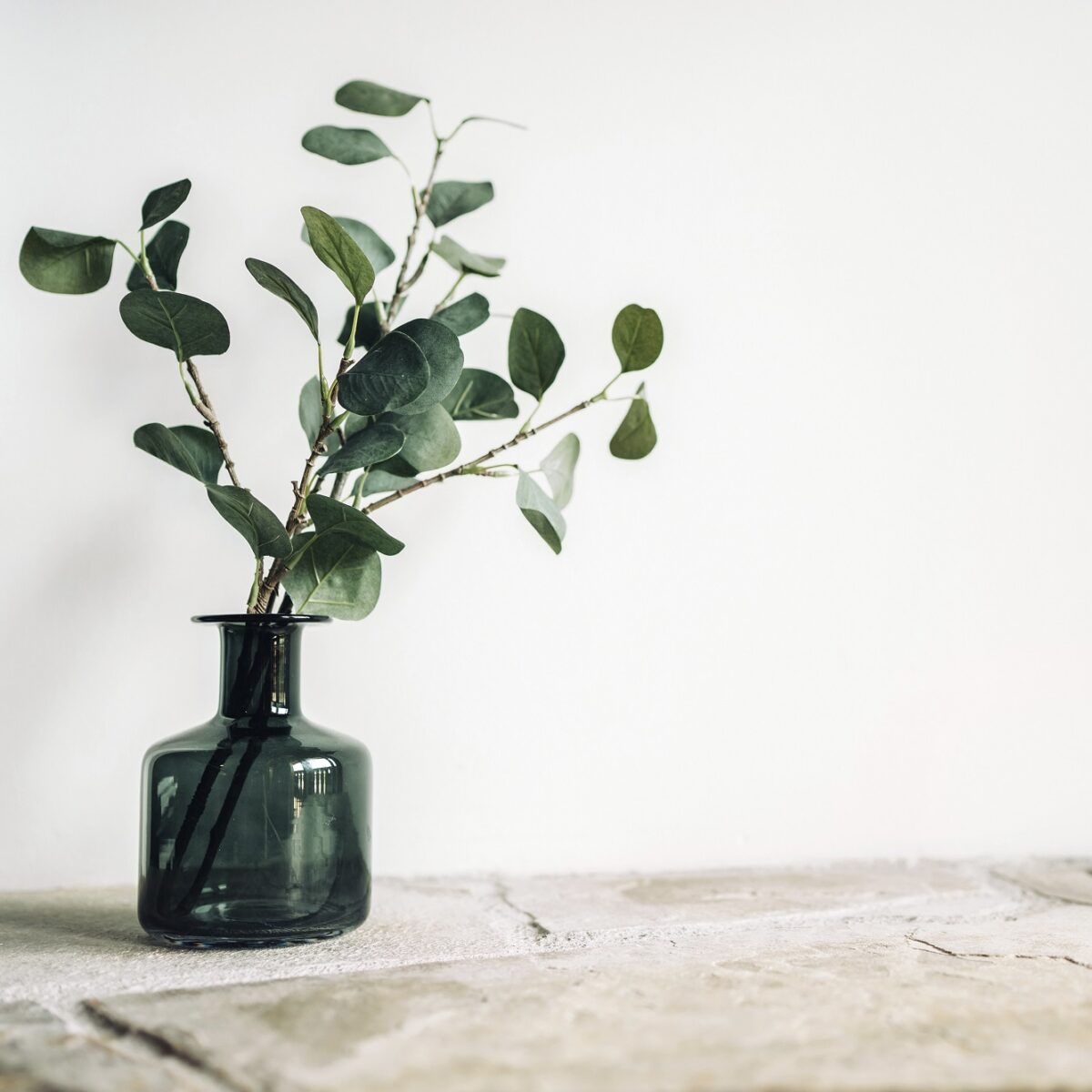 Minimalistische Vase aus Glas mit grünen Zweigen, dekorativ auf einem Steinboden arrangiert.