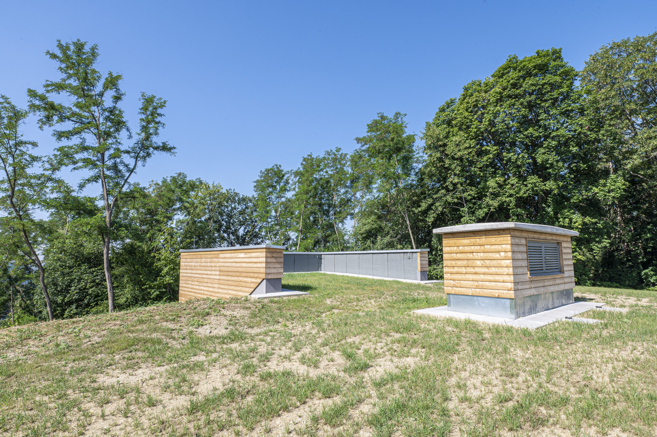 Zwei Holzgebäude in grüner Landschaft, umgeben von Bäumen, unter klarem, blauem Himmel.