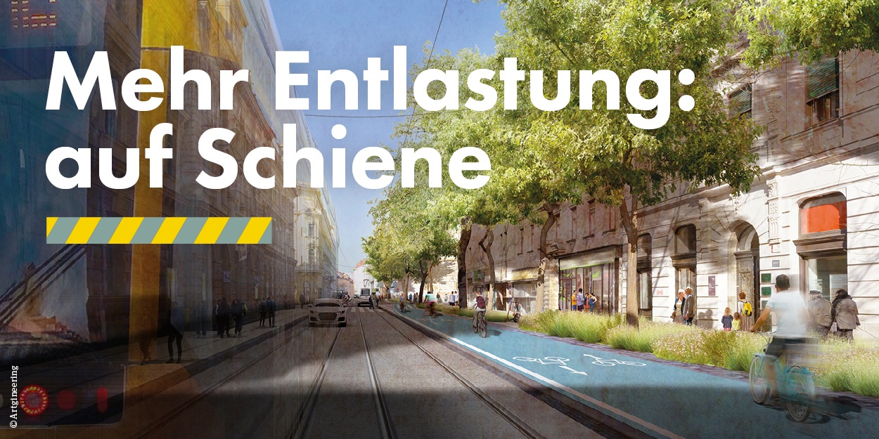 A digital illustration showing Neutorgasse in Graz with tram tracks, a bike lane, and pedestrians,