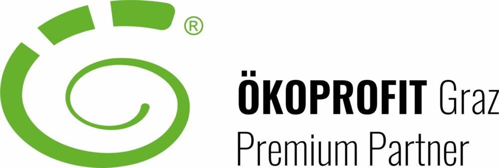 Logo des Ökoprofit-Programms Graz mit grünem Spiral-Symbol und dem Text „Premium Partner“.