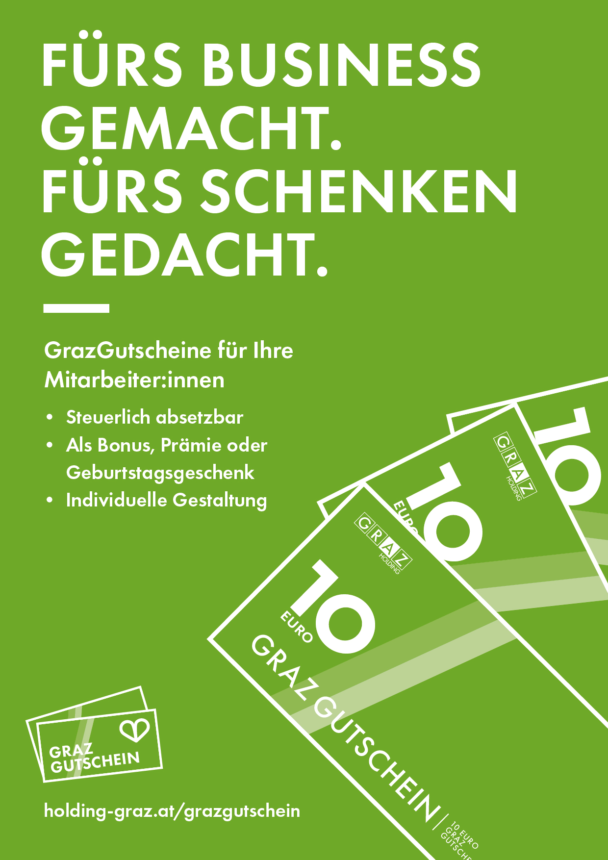 Grünes Design mit Text "Fürs Business gemacht. Fürs Schenken gedacht." und GrazGutschein-Grafiken.