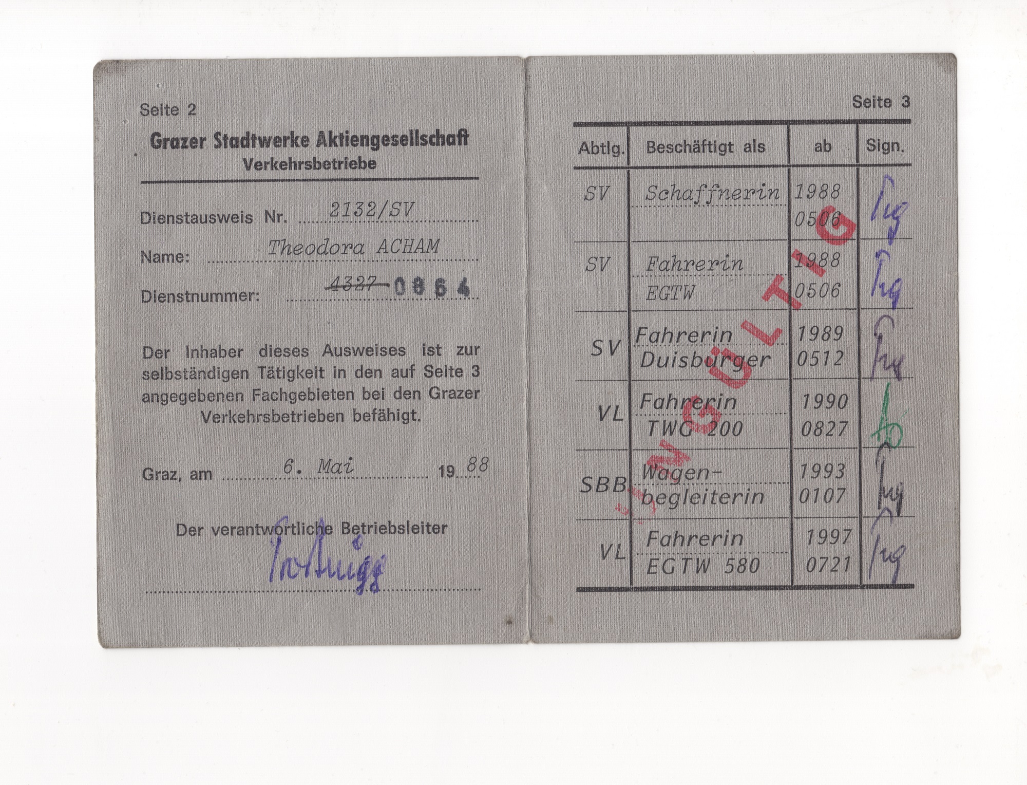 Dienstsausweis von Theodora Acham ausgestellt am 6. Mai 1988 von den Grazer Stadtwerken.