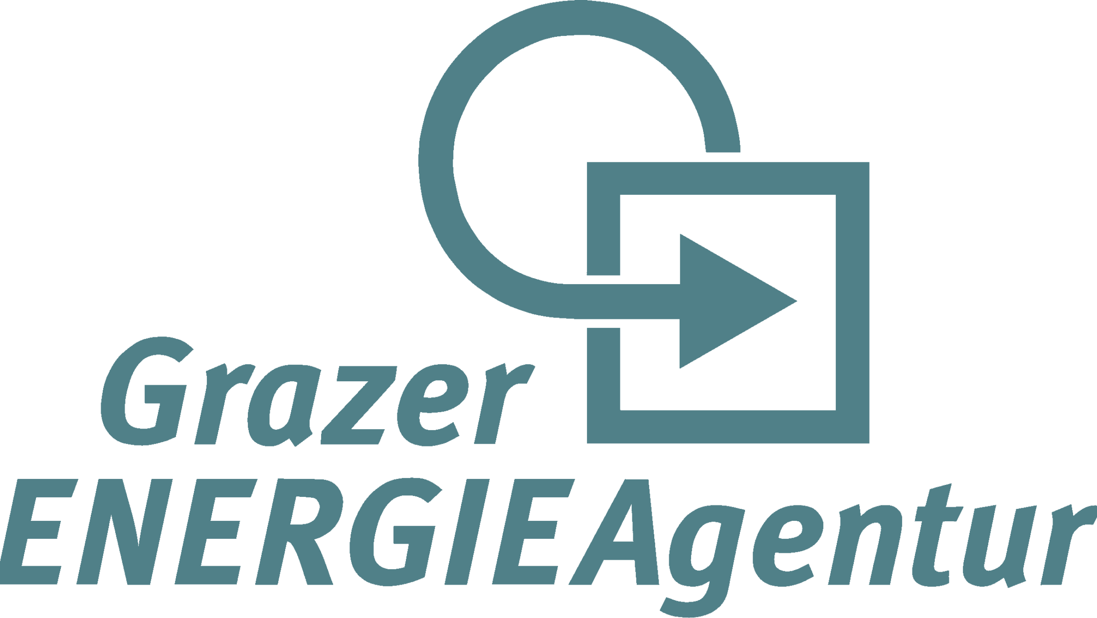 Blaues Logo der Grazer Energieagentur mit einem Kreis und einem Pfeil. "Grazer Energieagentur" steht unter dem Logo.