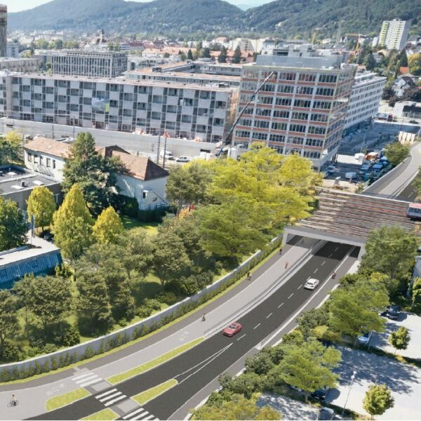 Visualisierung einer neuen Straßenunterführung mit Grünflächen, Gebäuden und Bergen im Hintergrund.