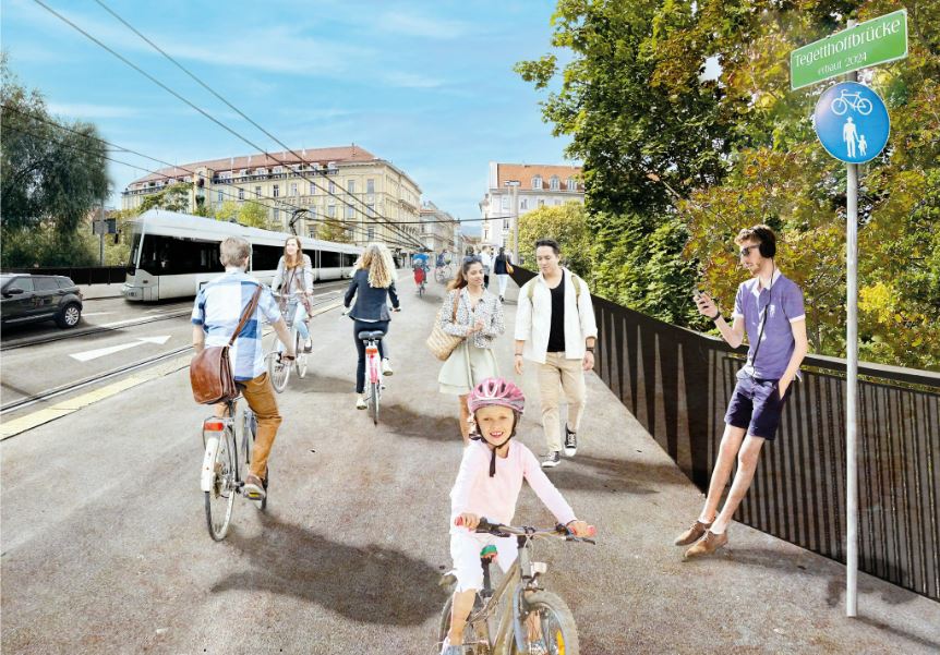 Grafik der neugestalteten Tegetthoffbrücke mit diversen Verkehrsteilnehmer:innen