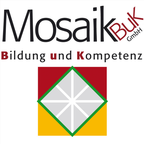 Logo von Mosaik: Graues Quadrat mit grünen Rändern auf rotem und gelbem Hintergrund.