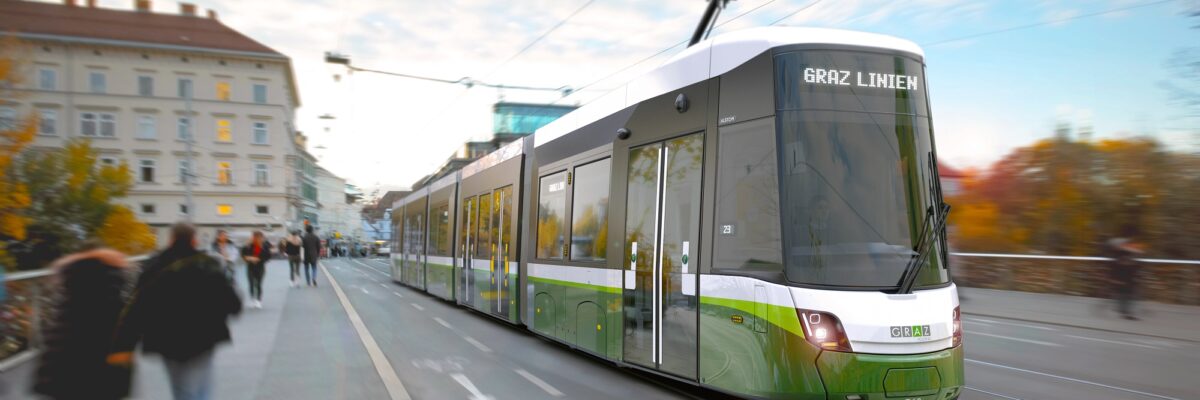 Grafik zeigt Alstom-Garnitur der "Flexity Graz" auf Grazer Brücke