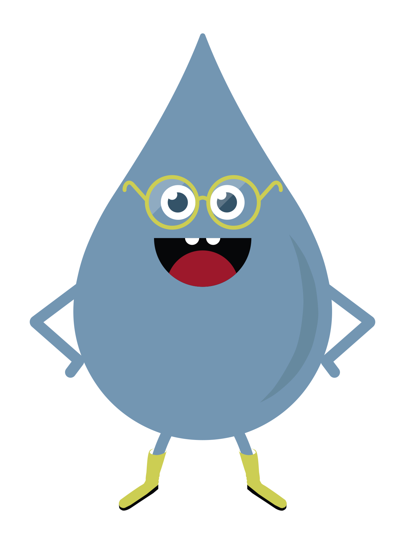 Maskottchen Fridolin: Lächelnder Wassertropfen mit Brille und Stiefeln.