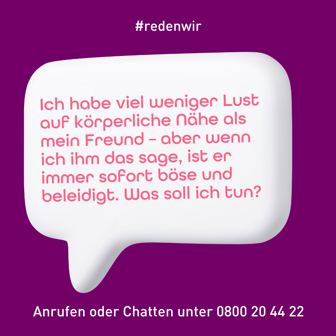 Sprechblase mit Frage zu Grenzen in Beziehungen, Hotline-Nummer für Unterstützung, Hashtag #redenwir.
