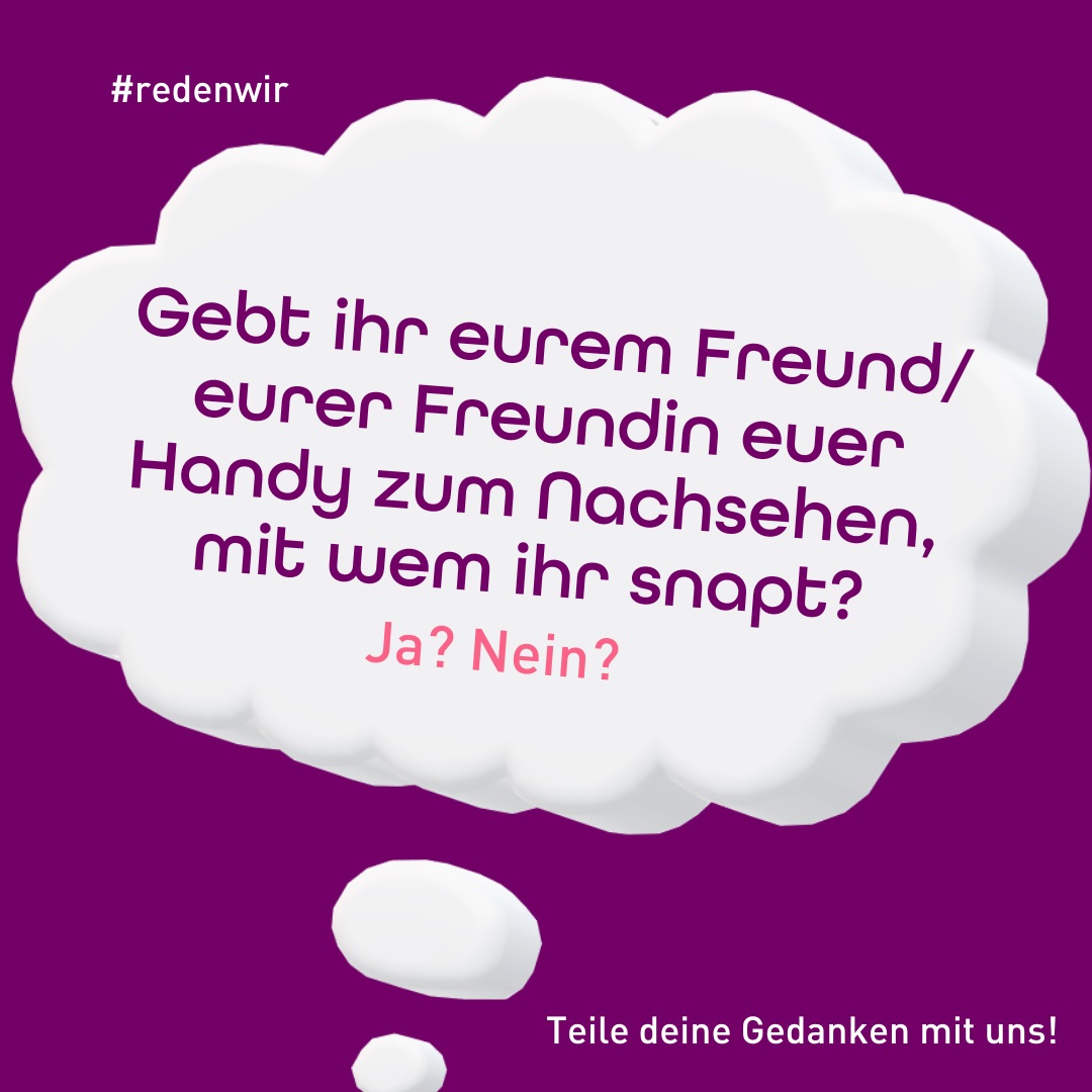 Sprechblase mit Frage zur Handynutzung in Beziehungen auf lila Hintergrund, Hashtag #redenwir.