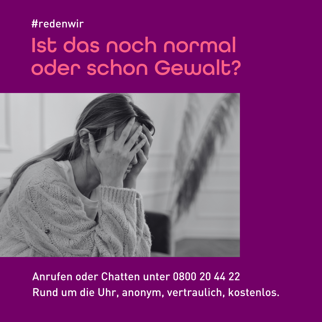 Hilfekampagne gegen Gewalt mit weinender Frau, Hotline-Nummer und vertraulichem Chat-Hinweis.