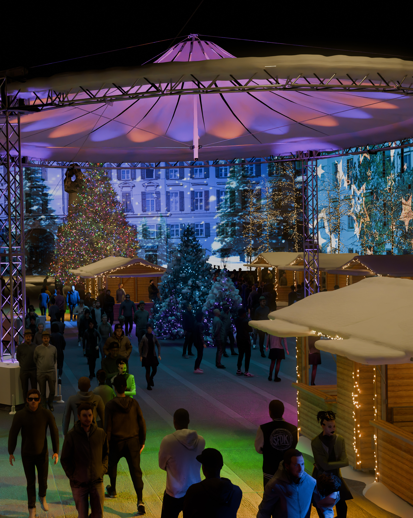 3D-Darstellung eines Weihnachtsmarktes mit Ständen, beleuchteten Tannenbäumen und Menschen.