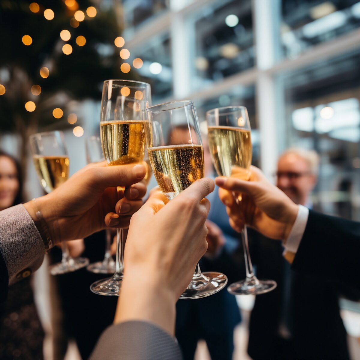 Mehrere Hände stoßen mit Sektgläsern an.