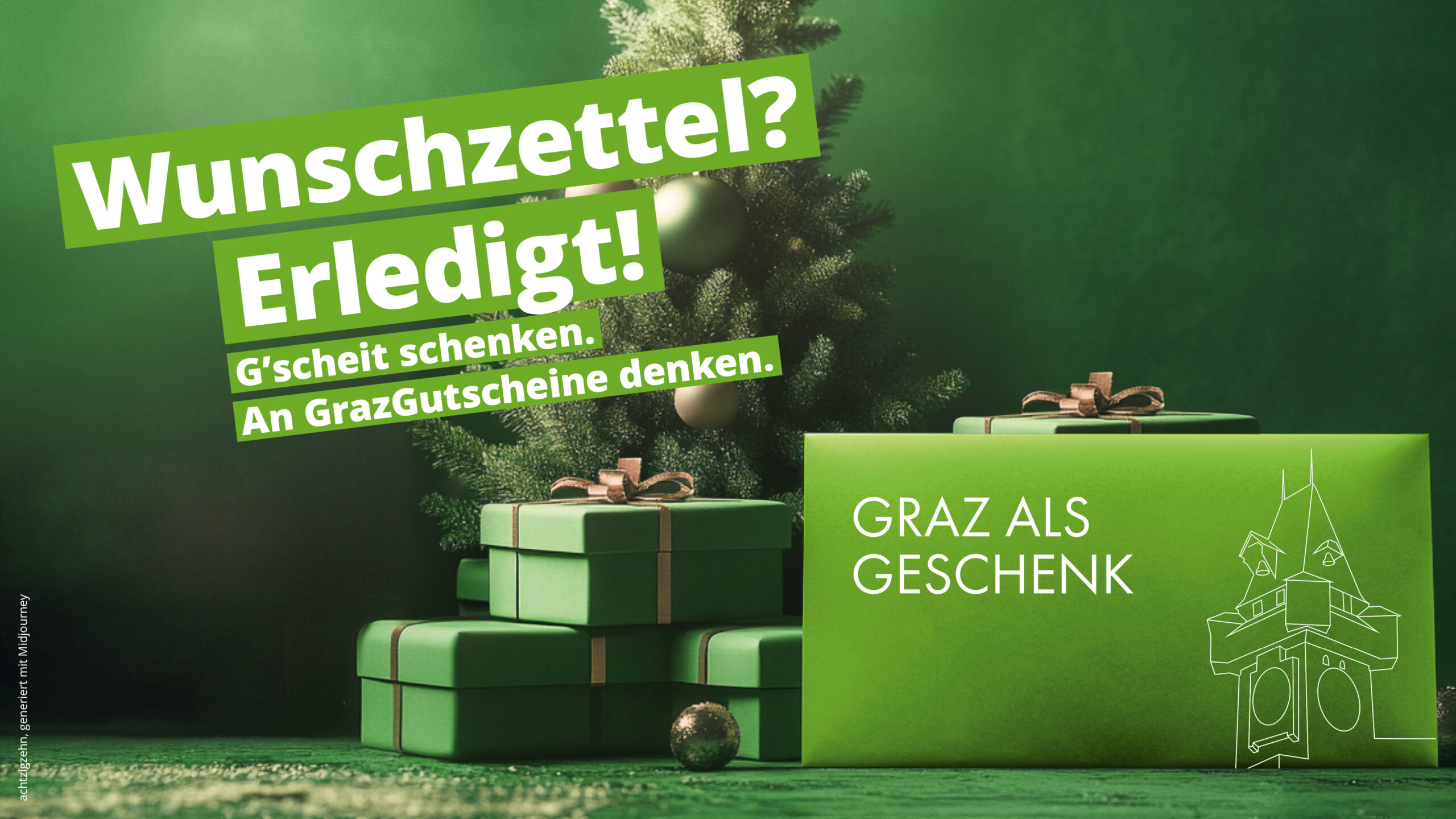 Grüne Grafik mit Text: "Wunschzettel? Erledigt! G'scheit schenken. An GrazGutscheine denken. Graz als Geschenk."