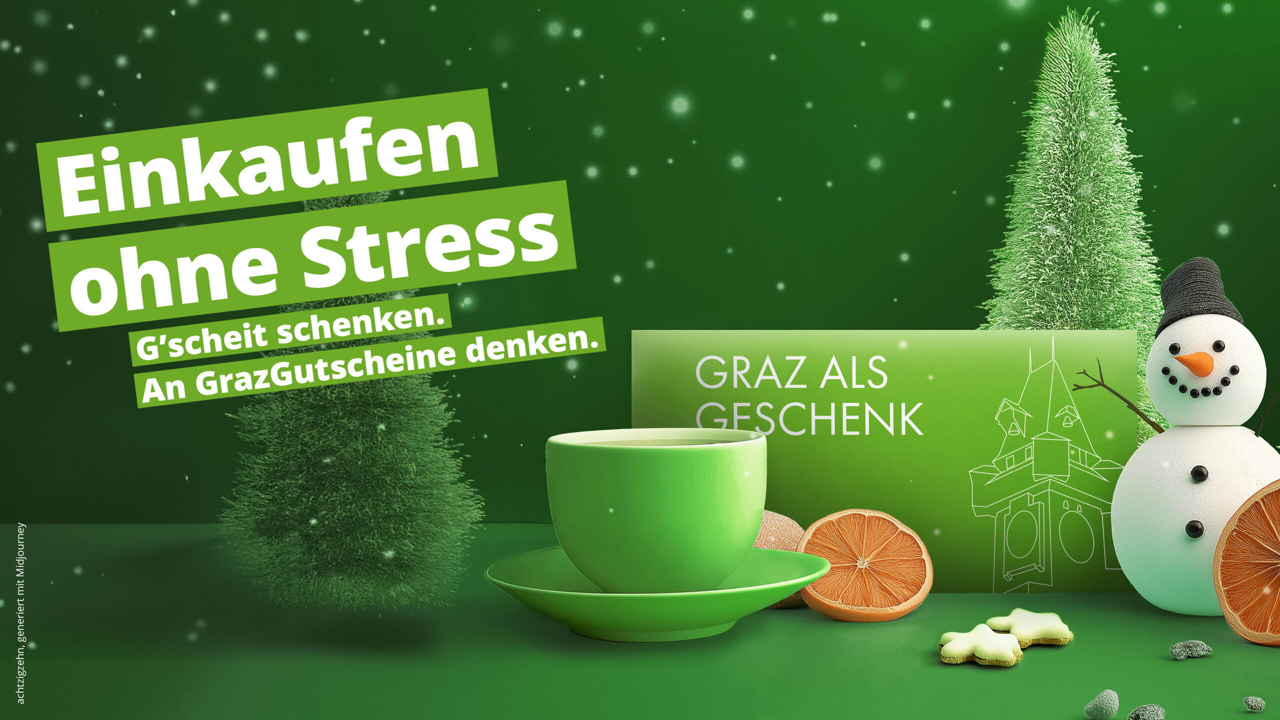 A green background with the text "Einkaufen ohne Stress G'scheit schenken. An GrazGutscheine denken." and "GRAZ ALS GESCHENK". There are wintery elements like a snowman and a Christmas tree on the side of the image.