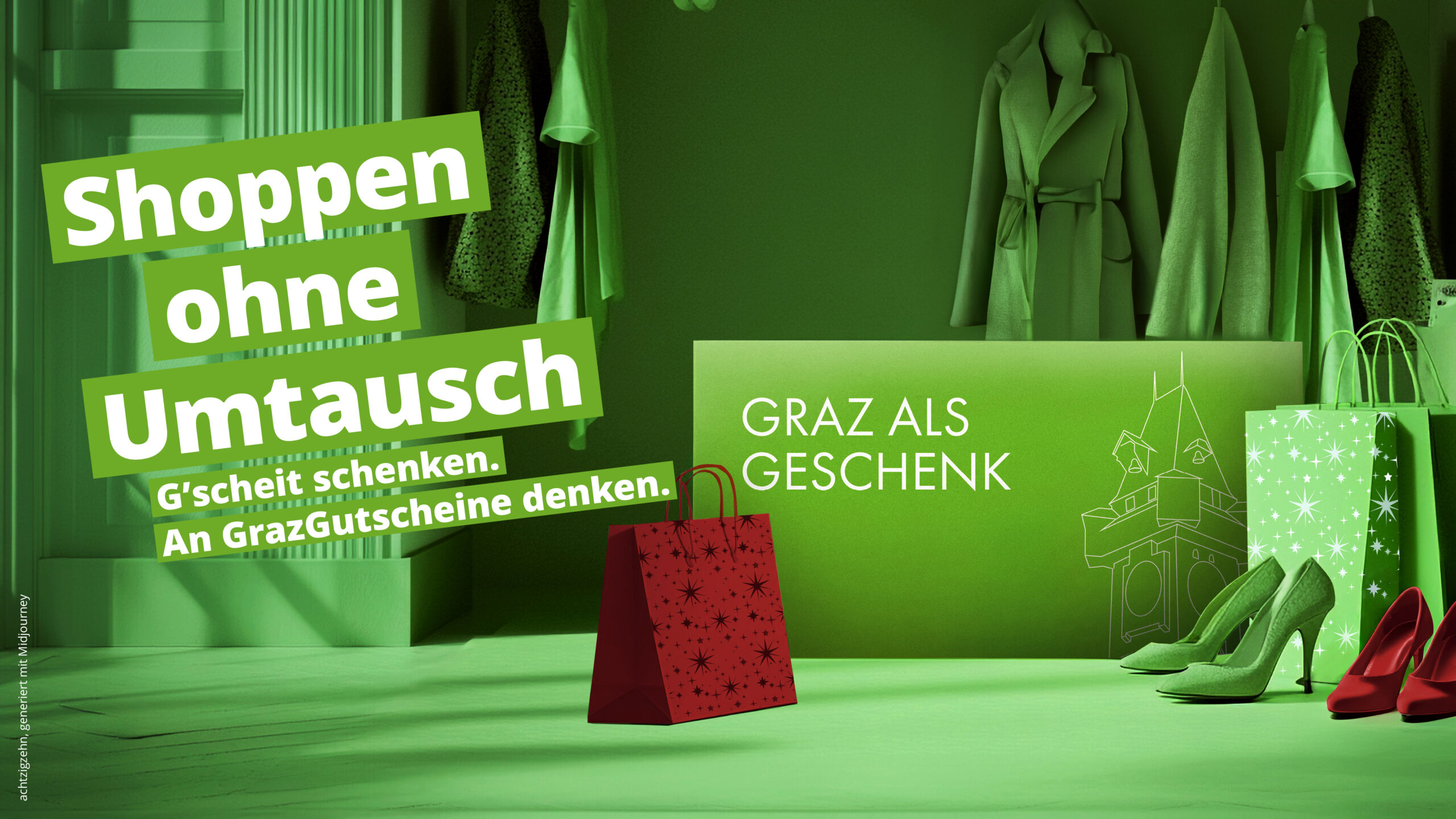 Illustration of a shopping bag with stars on it and text that reads "Shoppen ohne Umtausch. G'scheit schenken. An GrazGutscheine denken." and "GRAZ ALS GESCHENK".