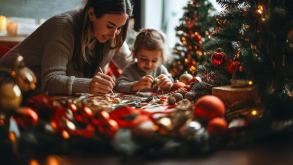 Eine Mutter und ihr Kind basteln an einem weihnachtlich geschmückten Tisch.