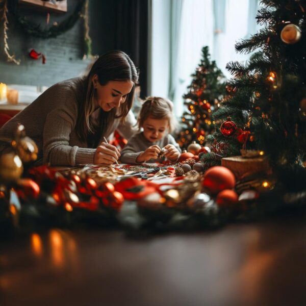Eine Mutter und ihr Kind basteln an einem weihnachtlich geschmückten Tisch.