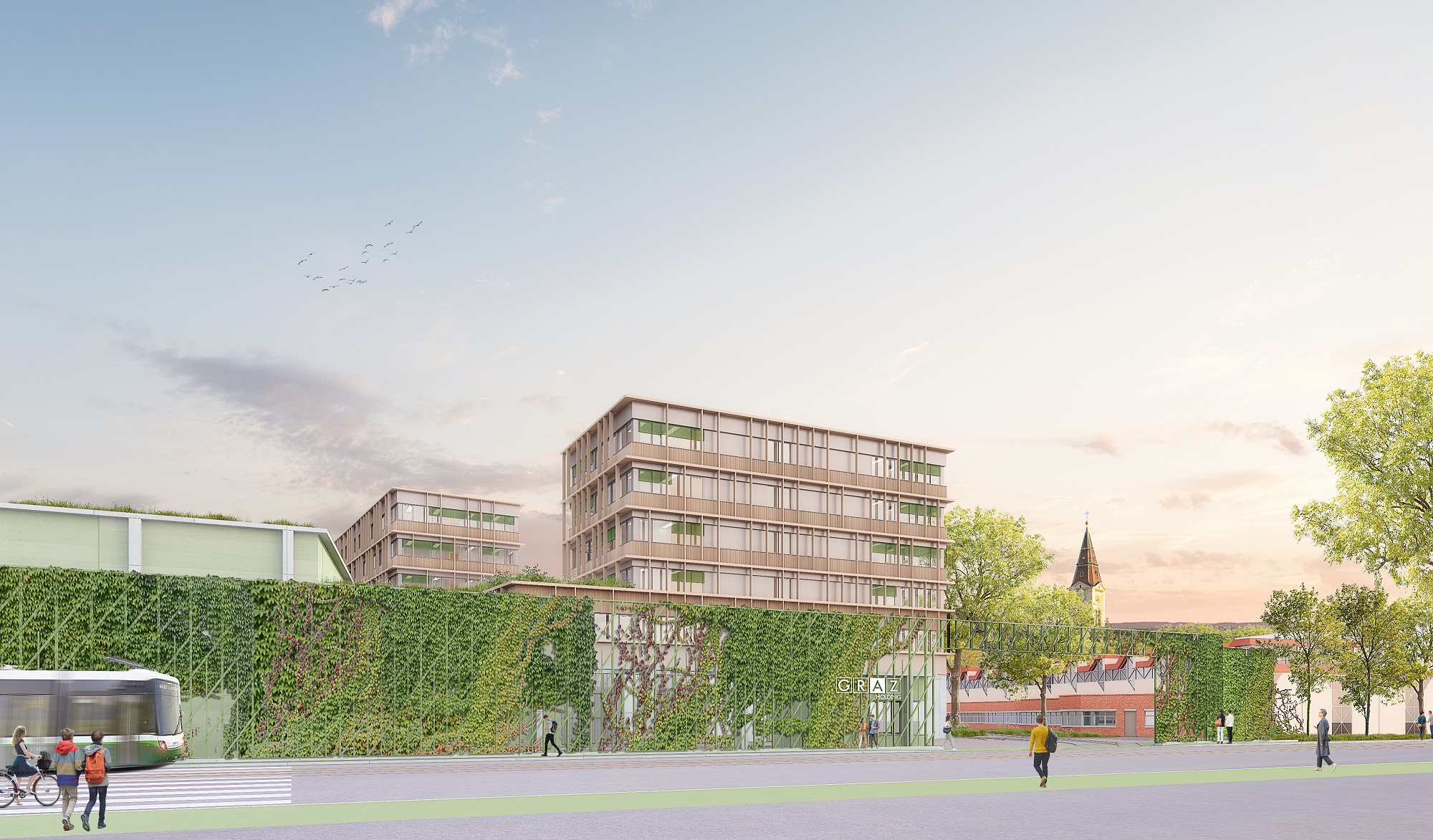 Architekturvisualisierung mit einem Gebäude, das mit Grünpflanzen bewachsen ist.