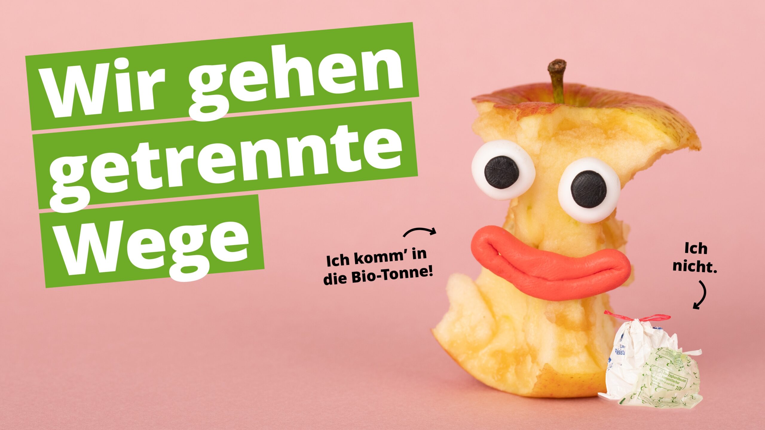 Animierter angebissener Apfel mit Lippen und Augen und Spruch "Ich komm' in die Biotonne".