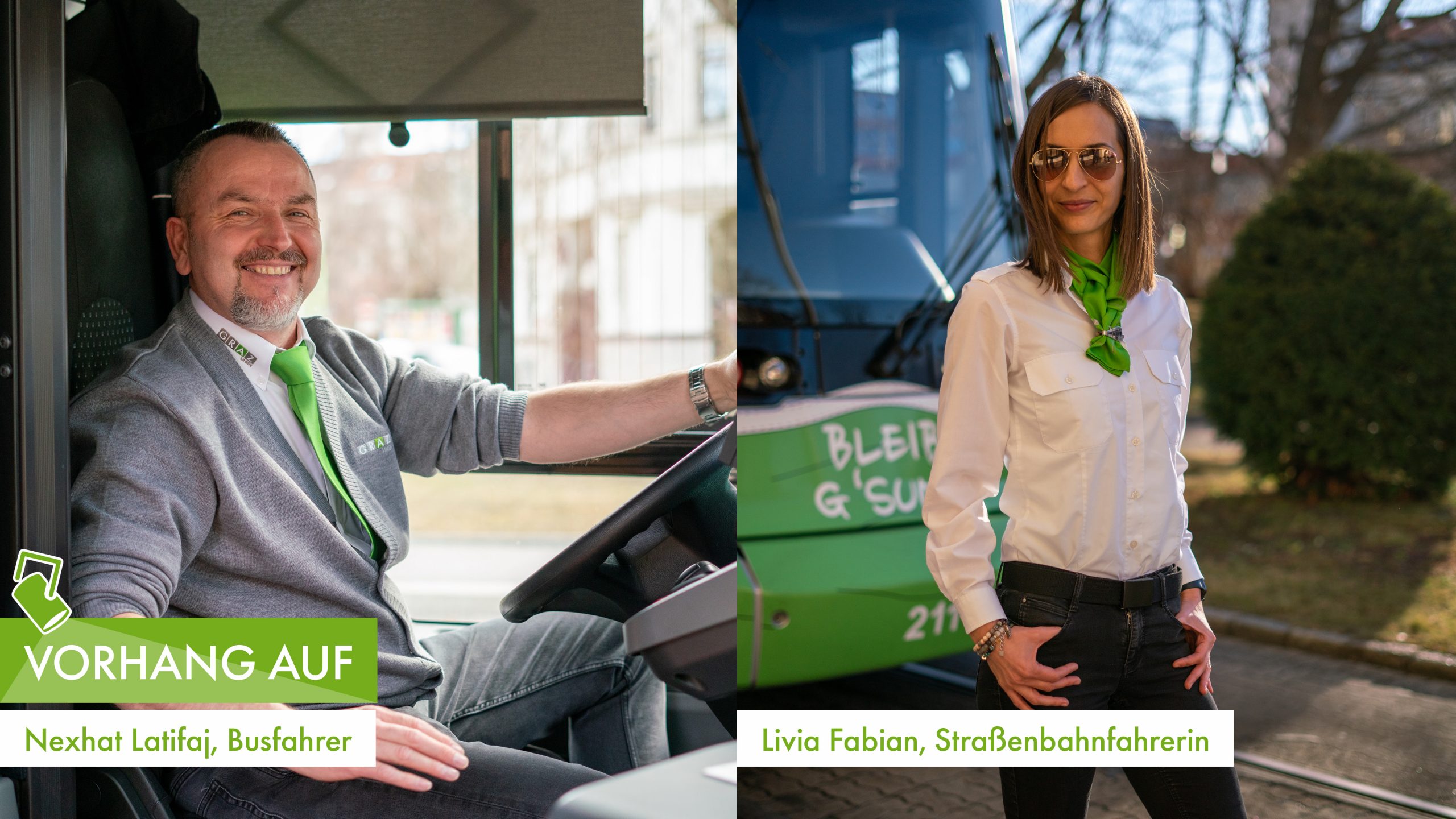 Latifaj Nexhat in einem Bus der Graz Linien und Livia Fabian vor Straßenbahn der Graz Linien