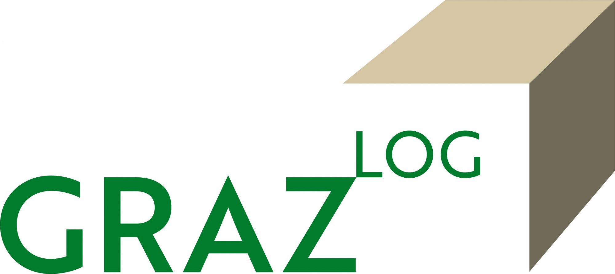 GrazLog Logo mit grünem Schriftzug "GRAZ" und braunem Würfel.