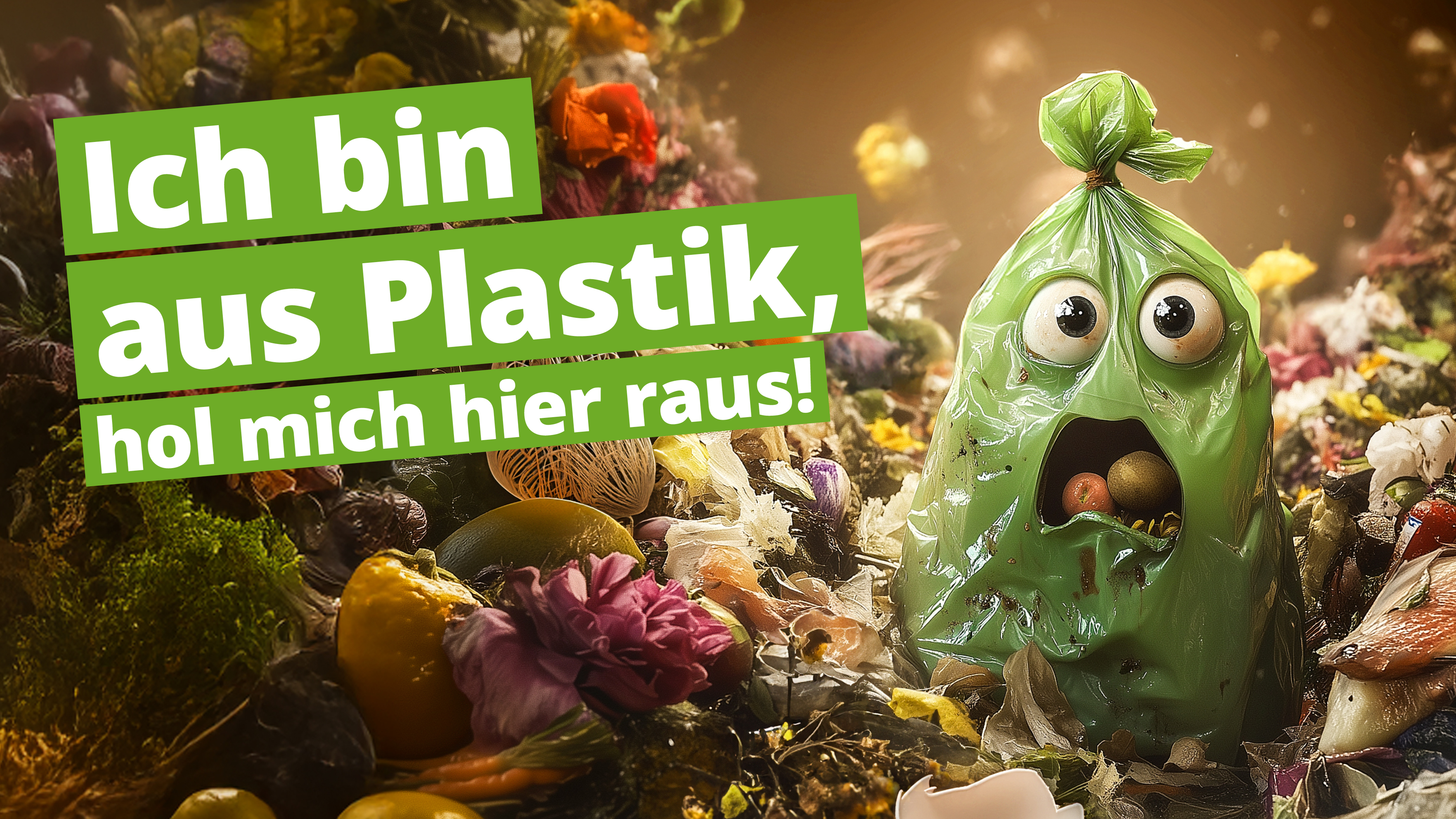 Ein animierter Plastiksack inmitten von Müll mit dem Text "Ich bin aus Plastik, hol mich hier raus!".