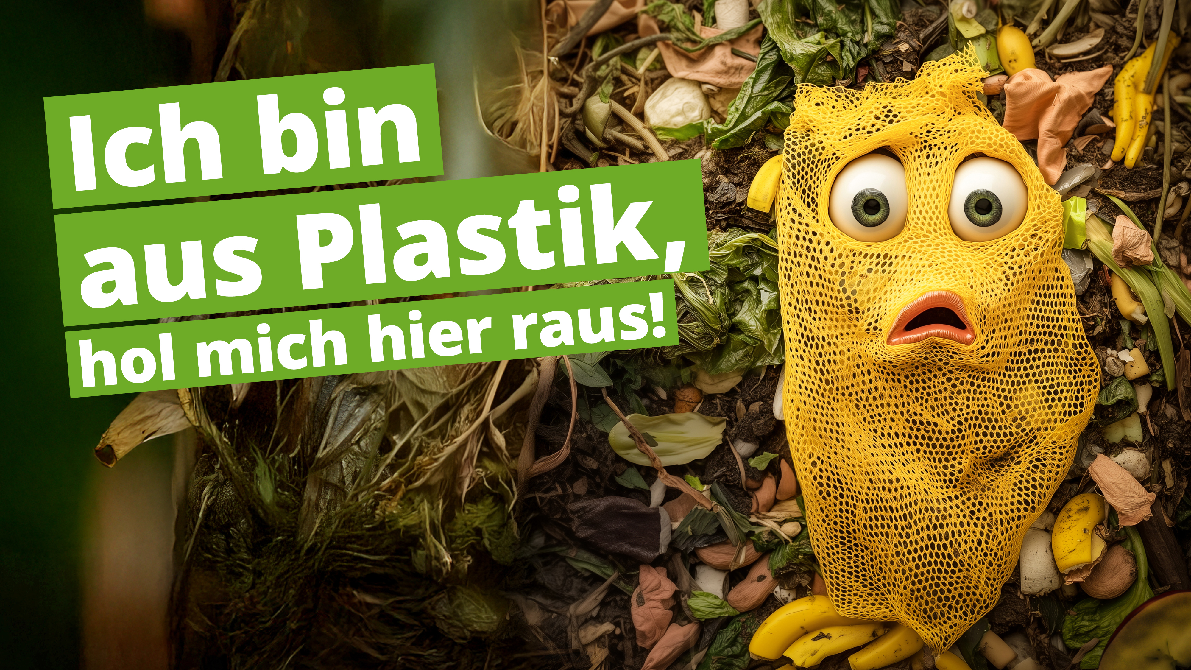 Gelber Fisch in Biotonne mit Text: Ich bin aus Plastik, hol mich hier raus!
