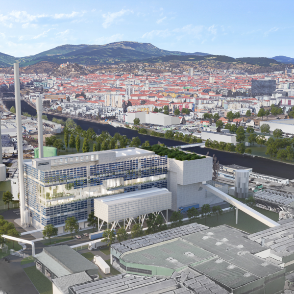 Aerial view of the city of Graz, Austria with factory buildings.