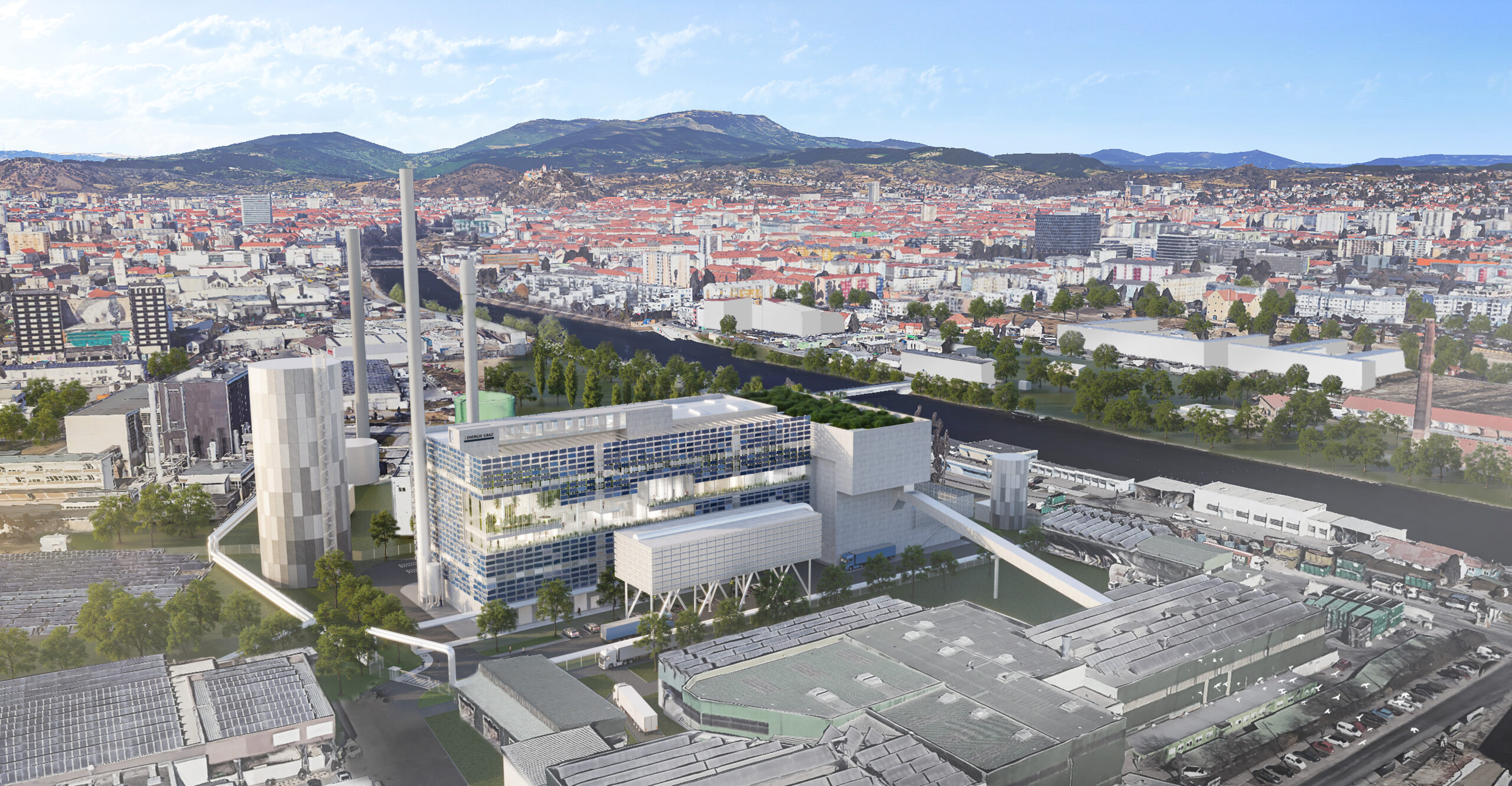 Luftaufnahme von Graz mit Blick auf ein Industriegebiet.