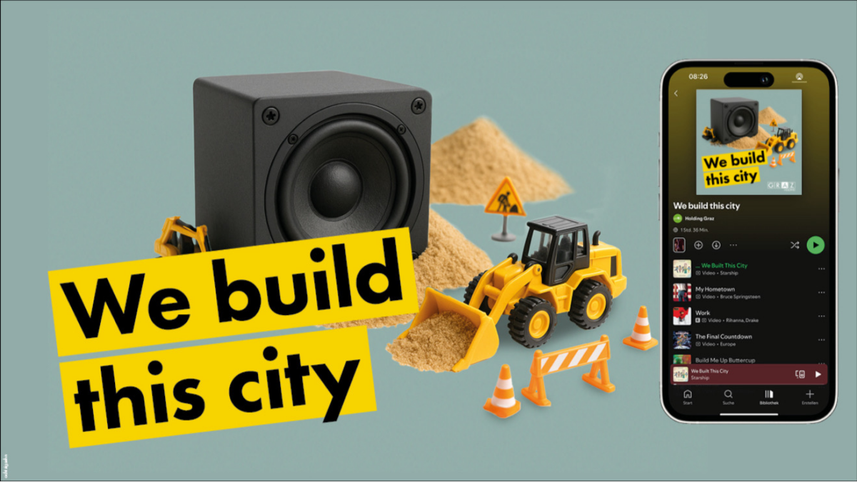 Ein Lautsprecher, Bauspielzeug & Telefon mit Spotify. Text: "We build this city", "GIRAZ"