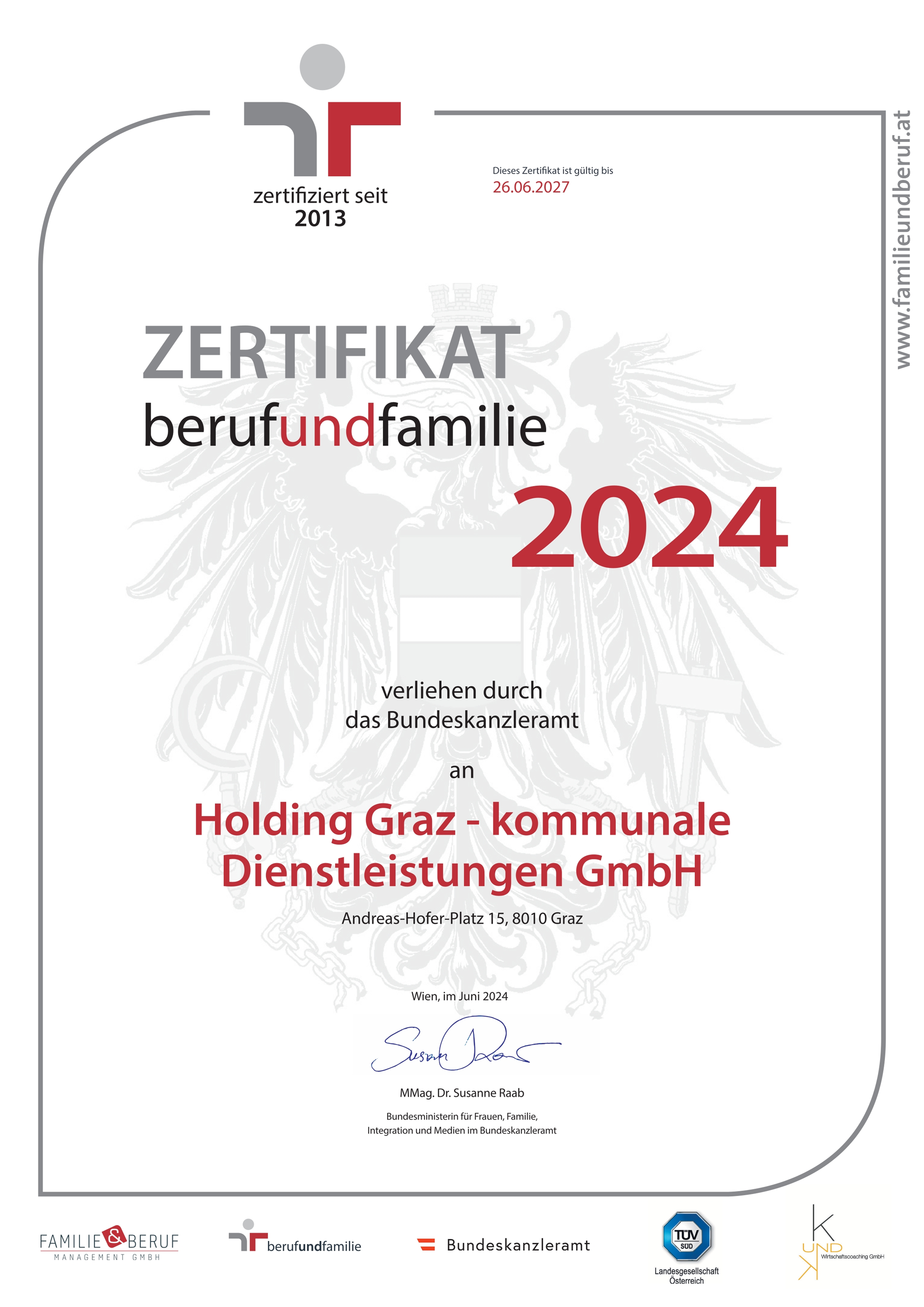 Zertifikat berufundfamilie 2024 für Holding Graz, vom Bundeskanzleramt verliehen.