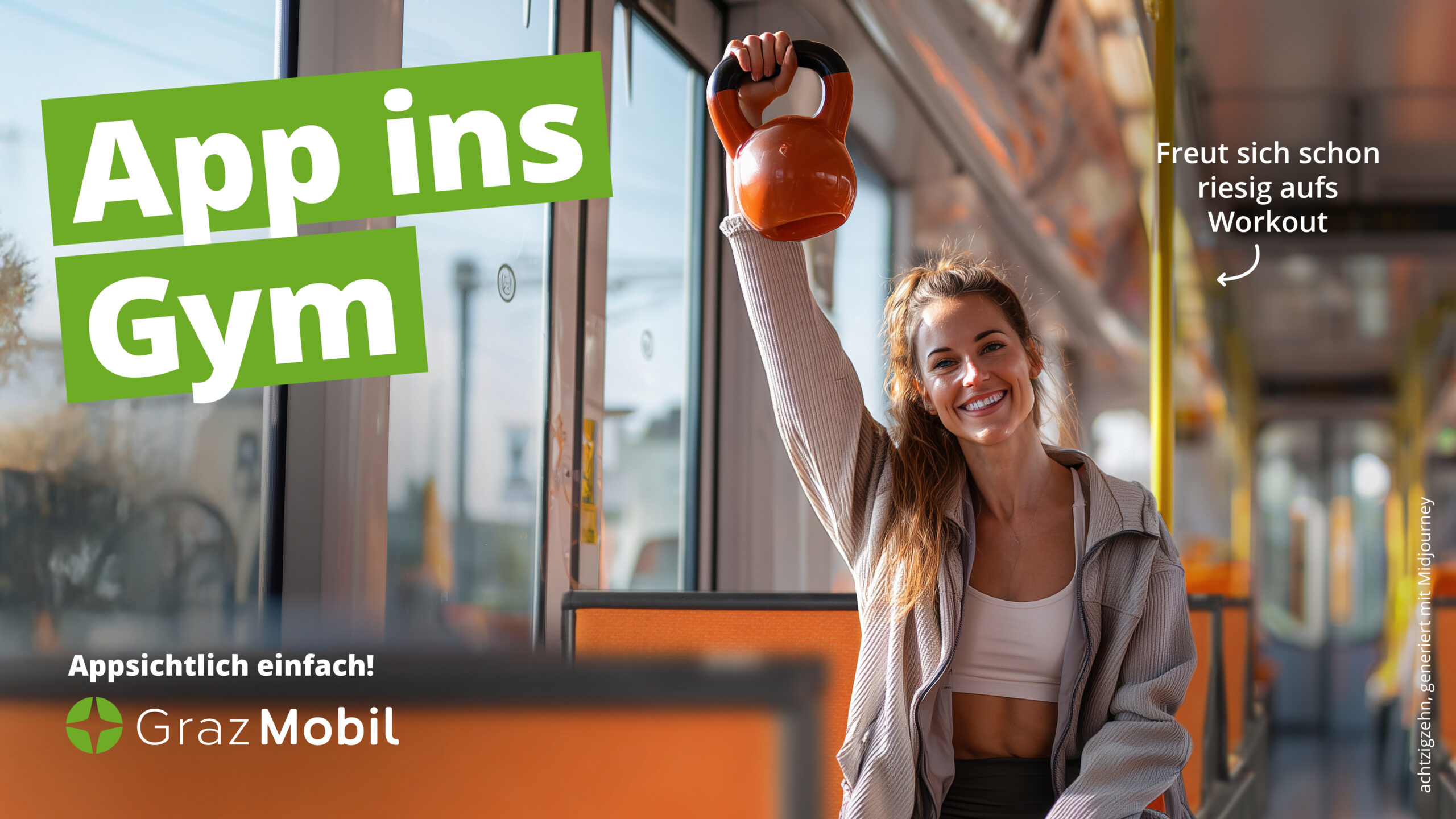 Junge Frau mit Sportkleidung sitzt in der Straßenbahn und hält eine Kettlebell hoch