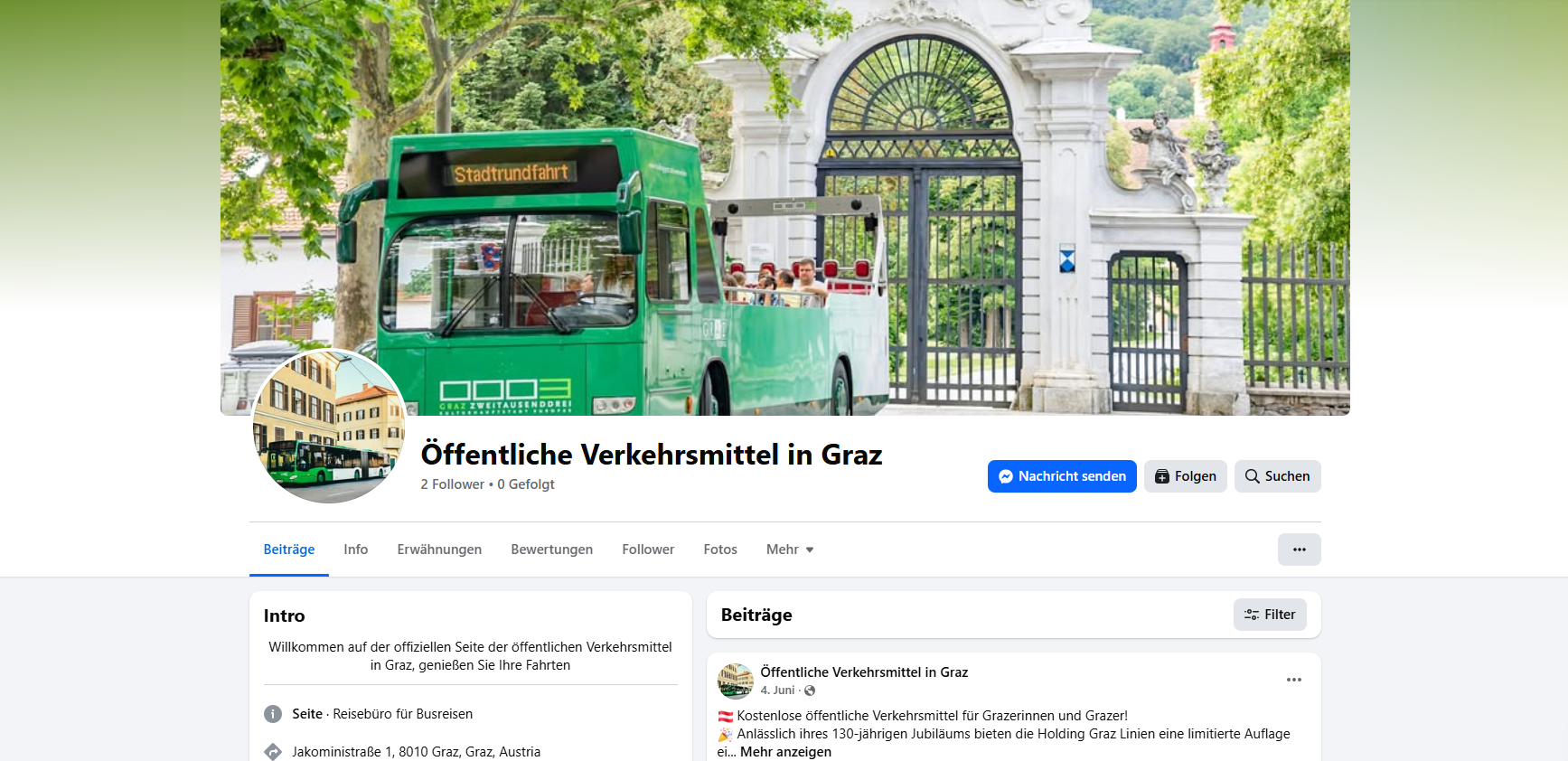 Facebook-Seite "Öffentliche Verkehrsmittel in Graz" mit grünem Stadtrundfahrt-Bus.